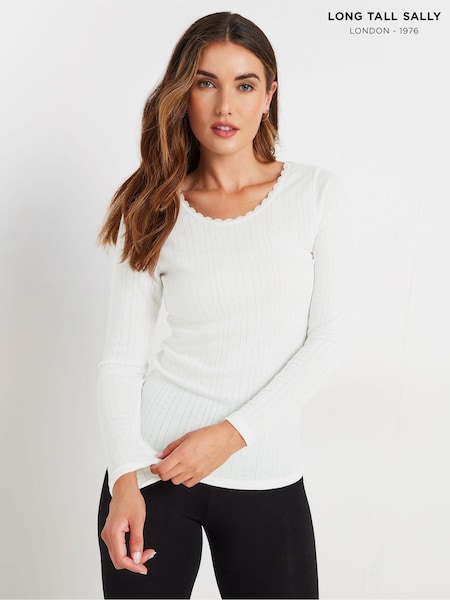 Long Tall Sally White Pointelle Thermal Long Sleeve Top (AK3419) | 104 QAR