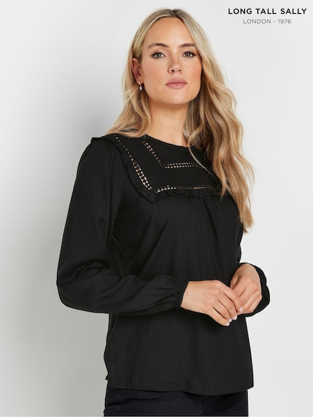 Long Tall Sally Black Bib Frill Woven Blouse (AK3423) | ₪166
