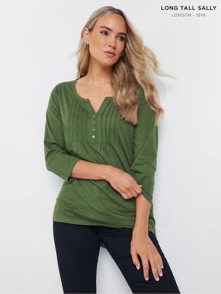 Long Tall Sally Green 3/4 Sleeve Pintuck Henley 100% Cotton Top (AK3429) | ₪116