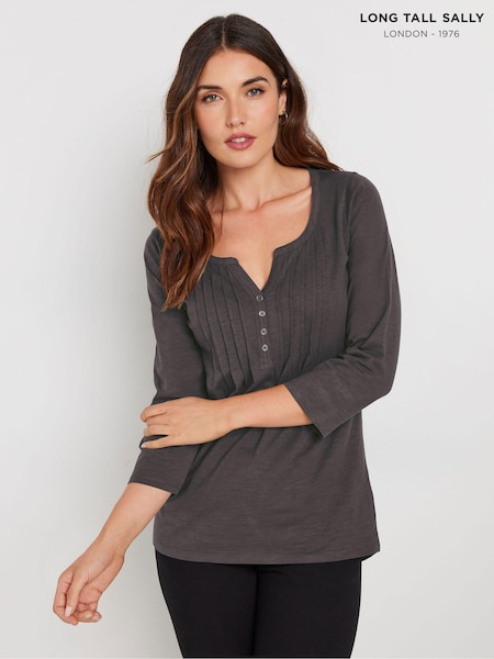 Long Tall Sally Grey 3/4 Sleeve Pintuck Henley 100% Cotton Top (AK3440) | ₪116
