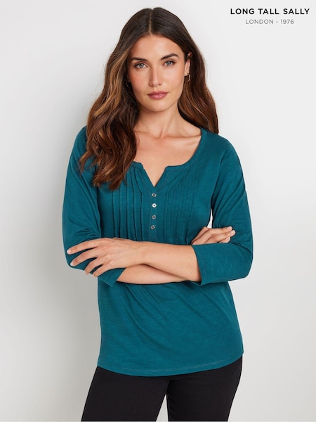 Long Tall Sally Bottle Green 3/4 Sleeve Pintuck Henley 100% Cotton Top (AK3441) | ₪116