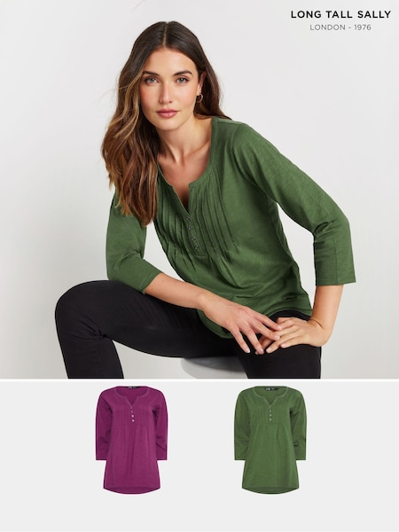 Long Tall Sally 3/4 Sleeve Pintuck Henley 100% Cotton Tops 2 Pack (AK3452) | 55 €