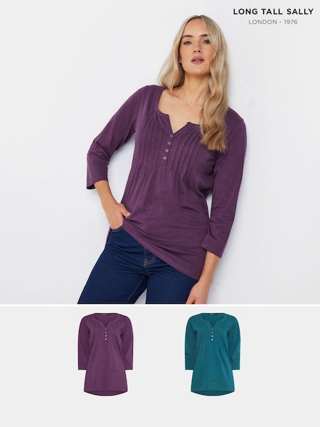 Violetti - Long Tall Sally 3/4 Sleeve Pintuck Henley 100% Cotton Tops 2 Pack (AK3462) | €61