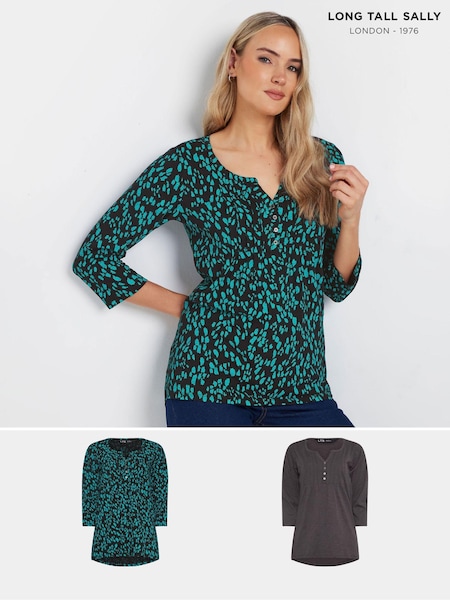 Long Tall Sally 3/4 Sleeve Pintuck Henley 100% Cotton Tops 2 Pack (AK3478) | 203 LEI