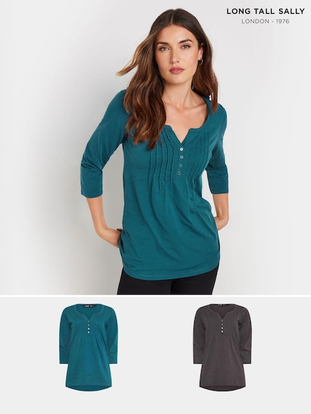 Long Tall Sally Grey 3/4 Sleeve Pintuck Henley 100% Cotton Tops 2 Pack (AK3491) | €31