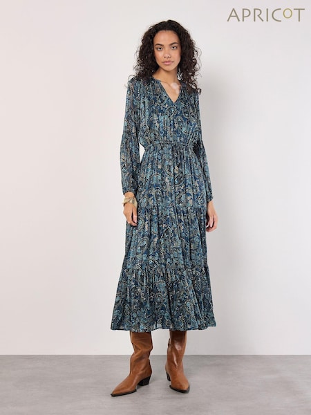 Apricot Blue Painterly Metallic Paisley Midaxi Dress (AK3503) | €69