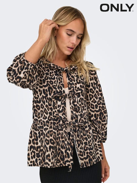 ONLY Animal Leopard Print Puff Sleeve Tie 100% Cotton Top (AK3525) | €23