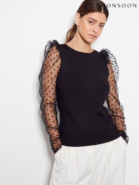 Monsoon Black Mimi Polka Dot Sleeve Blouses (AK3571) | €45