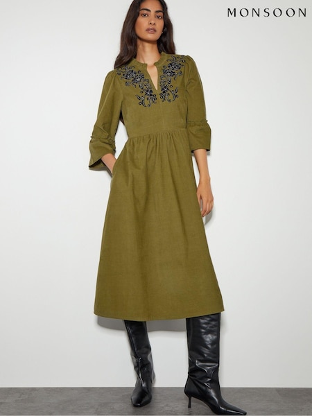 Monsoon Green Edith Corduroy Ruffle 100% Cotton Dress (AK3601) | AED319