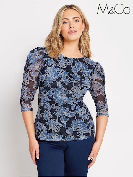 M&Co Blue Mesh Ruched Sleeve Top (AK3705) | €26