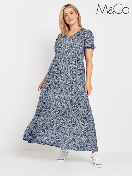 M&Co Blue Ditsy Tiered V-Neck Dress (AK3734) | €50