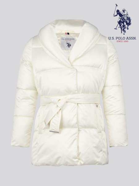 U.S. Polo Assn. Womens Wrap Collar Belted Puffer White Coat (AK3793) | €230