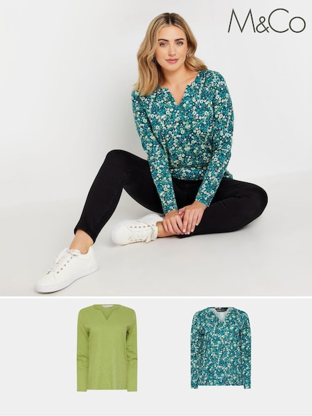 M&Co Green Notch Neck 100% Cotton Tops 2 Pack (AK3830) | AED192