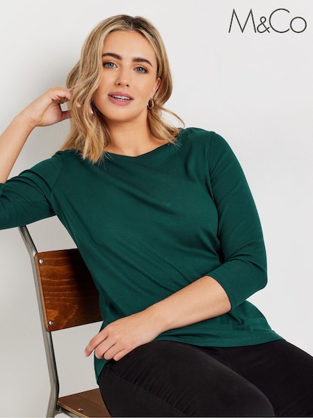 M&Co Green 100% Cotton 3/4 Sleeve Crew Neck T-Shirt (AK3849) | 84 QAR
