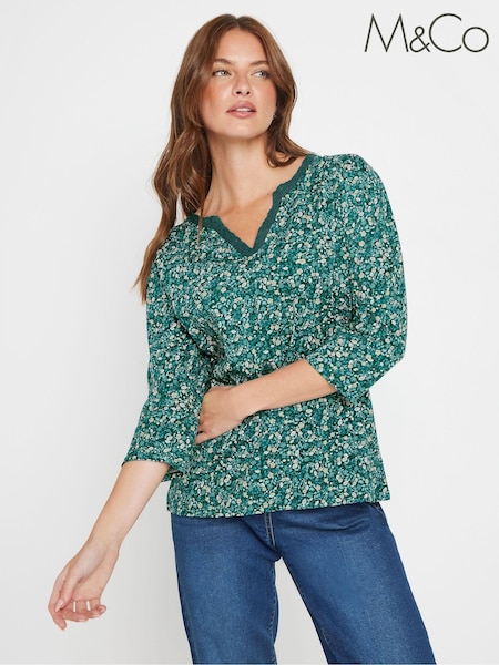 M&Co Blue 100% Cotton Lace Trim Top (AK3850) | €14