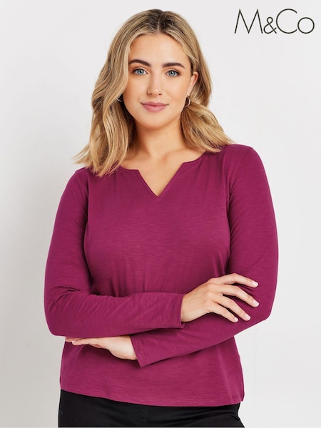 Vaaleanpunainen - M&Co Pitkä hiha 100% Cotton Notch Neck Top (AK3861) | €30