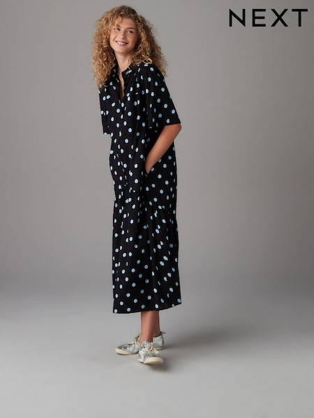 Black and Blue Spot Print - Short Sleeve Drop Waist 100% Cotton Maxi Shirt Dress (AK3966) | HK$365