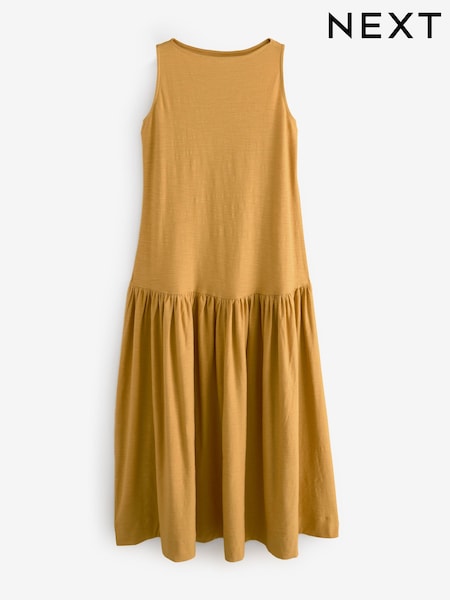 Ochre Yellow Sleeveless Drop Waist 100% Cotton Crew Neck Midi Dress (AK3974) | €34.50