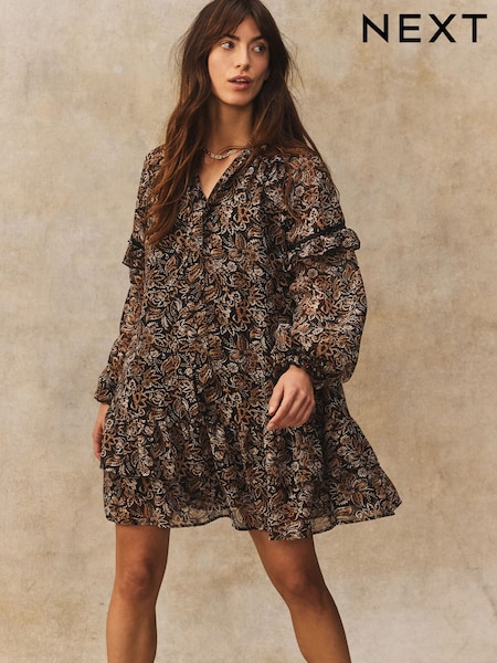 Black/Brown Floral Tie Neck Ruffle Long Sleeve Boho Mini Dress (AK3975) | R$ 400