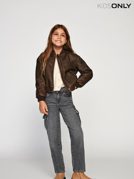 ONLY KIDS Grey Wide Leg Cargo Jeans with Adjustable Waist (AK4045) | R$ 235