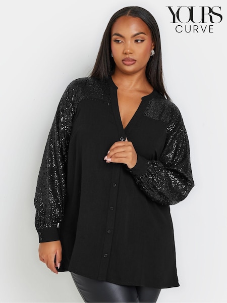 Yours Curve Black Sequin Sleeve Notchneck Blouse (AK4049) | € 26
