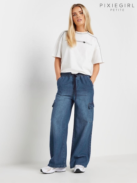 PixieGirl Petite Blue Blk Pull On 100% Cotton Cargo Jeans (AK4059) | €52