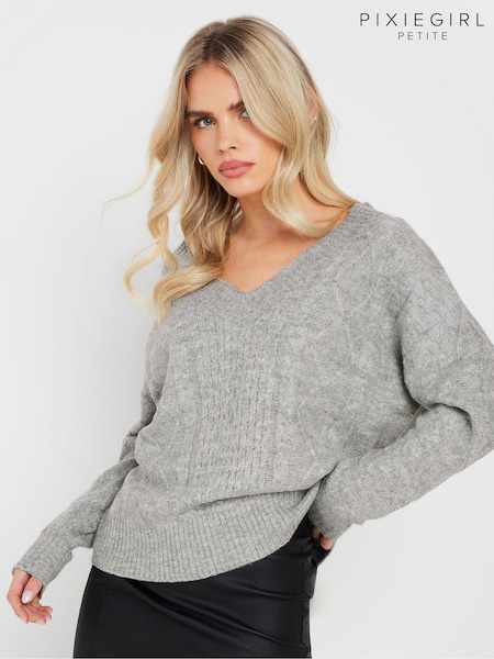 Harmaa - PixieGirl Petite Cable Knit V-Neck Jumper (AK4063) | €49