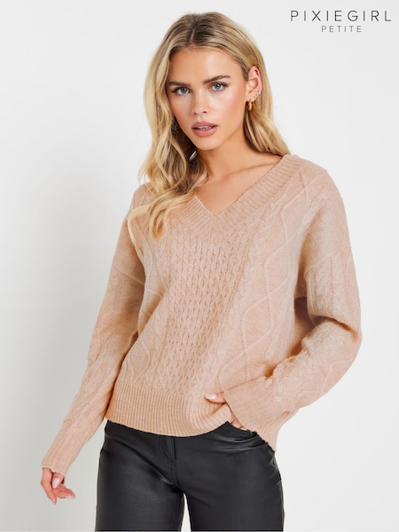 Vaaleanpunainen - PixieGirl Petite Cable Knit V-Neck Jumper (AK4073) | €49