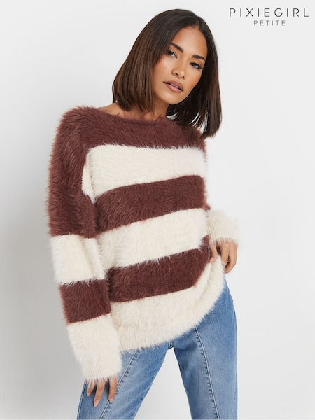 PixieGirl Petite Brown Stripe Feather Slash Neck Jumper (AK4082) | kr557