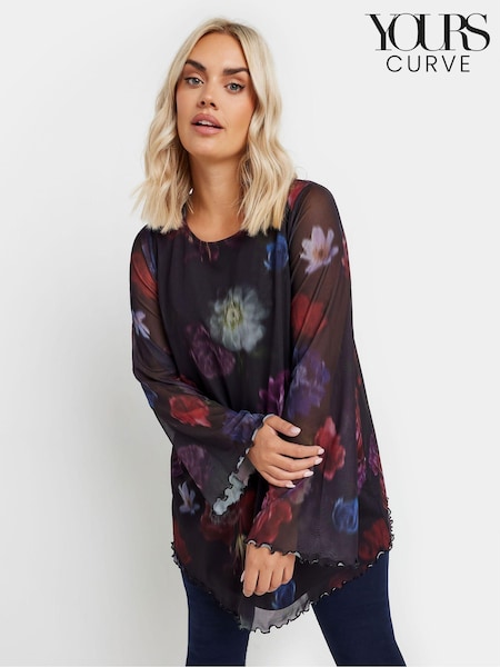 Yours Curve Black Mesh Flute Sleeve Top (AK4089) | AED186