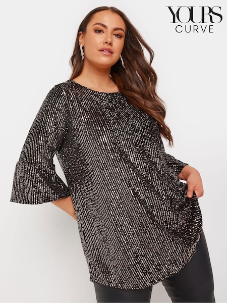 Yours Curve Black Sequin Flute Sleeve Top (AK4090) | €21.50