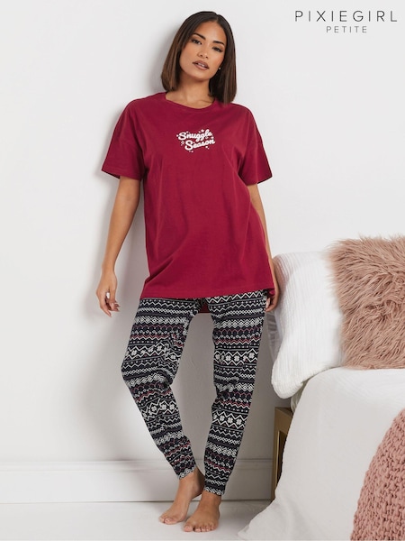 PixieGirl Petite Red 100% Cotton Fairisle Short Sleeved Cuffed Pyjamas Set (AK4103) | €34
