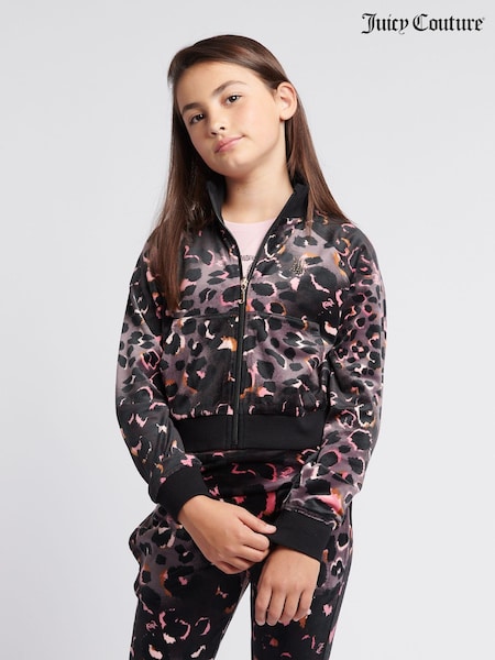 Juicy Couture Black Girls Velour Leopard Print Zip Thru Jacket (AK4142) | $131 - $157