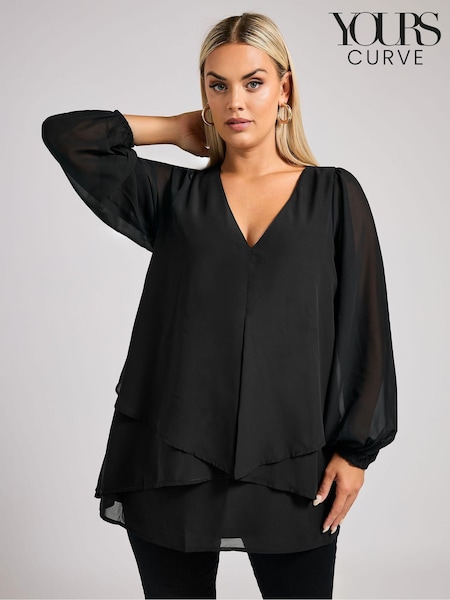 Yours Curve Black London Bellow Long Sleeve Layered Blouse (AK4209) | 178 QAR