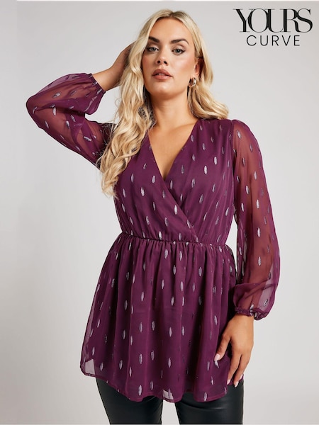 Yours Curve Purple London Metallic Dobby Wrap Top (AK4226) | 193 QAR