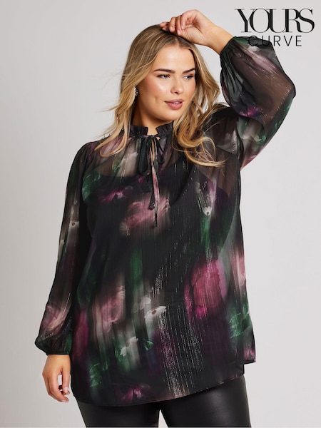 Yours Curve Black London Floral Ruffle Collar Blouse (AK4234) | $68