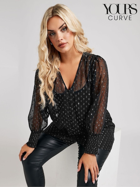 Yours Curve Black London Metallic Dobby Shirred Cuff Blouse (AK4238) | €52