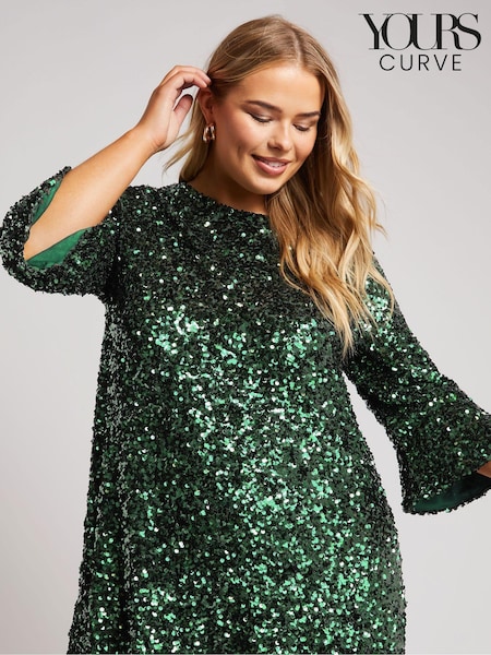Yours Curve Green London Sequin Flute Sleeve Top (AK4240) | €39