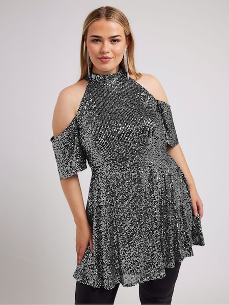 Yours Curve Silver London Sequin Choker Cold Shoulder Peplum Top (AK4256) | AED154