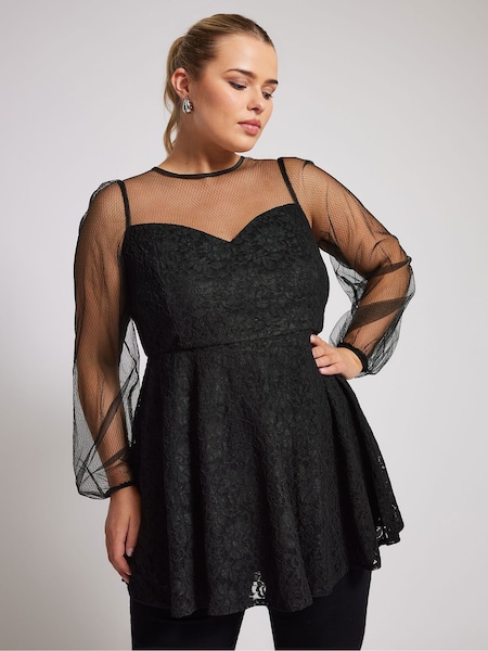 Yours Curve Black London Lace & Mesh Peplum Top (AK4268) | €53