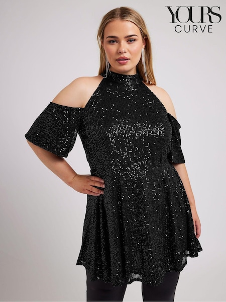 Yours Curve Black London Sequin Choker Cold Shoulder Peplum Top (AK4270) | AED154