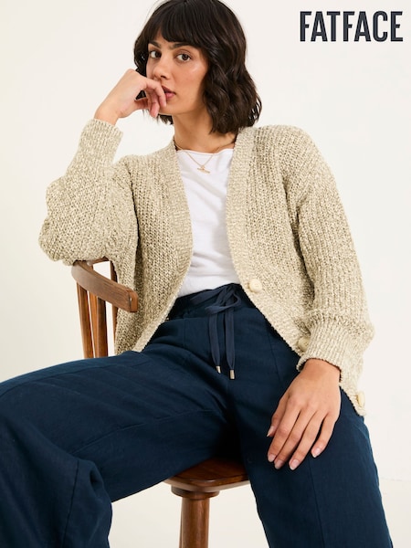 FatFace Olive Natural Knitted Tape Yarn Cardigan (AK4330) | €74