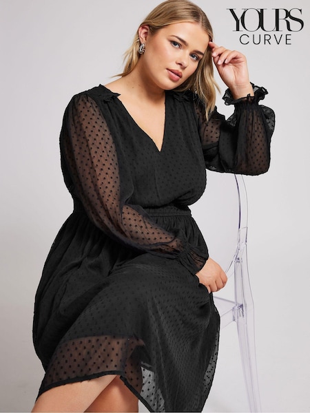Черный - Yours Curve London Dobby Shirred Waist Dress (AK4445) | €66