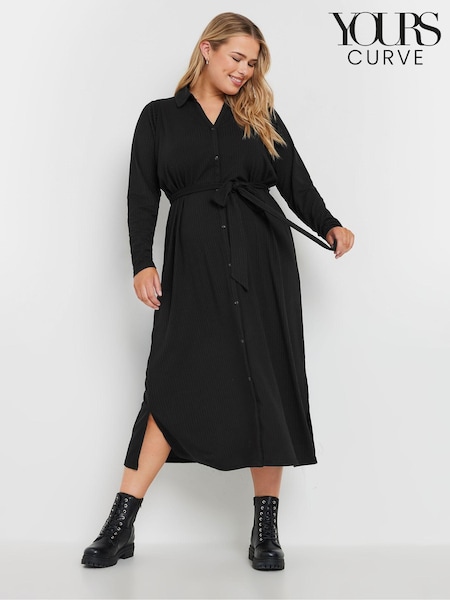 Yours Curve Black Rib Button Front A Line Dress (AK4454) | €43
