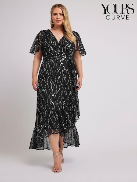 Черный/серебряный - Yours Curve London Metallic Dobby Ruffle Wrap Dress (AK4462) | €83