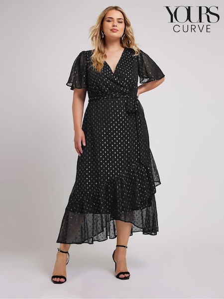 Черный - Yours Curve London Metallic Dobby Ruffle Wrap Dress (AK4473) | €83