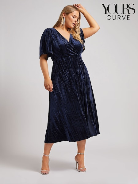 Yours Curve Blue London Crushed Velvet Wrap Dress (AK4478) | ₪267
