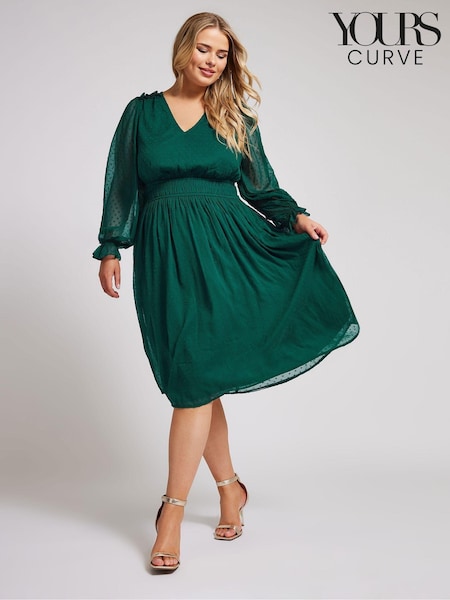 Yours Curve Green London Dobby Shirred Waist Dress (AK4479) | 247 QAR