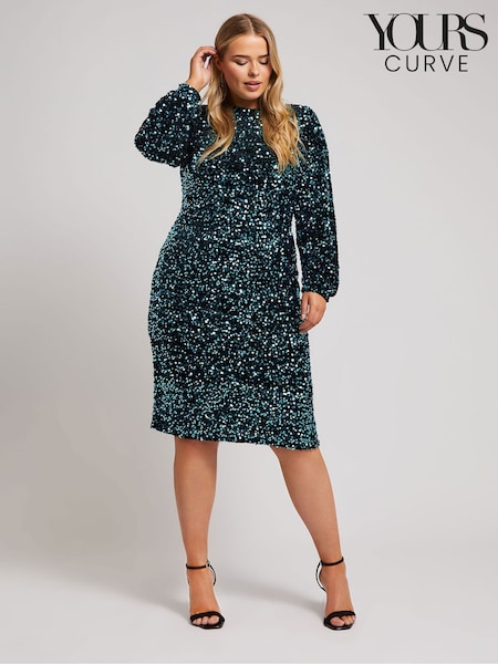 Зеленый - Yours Curve London Sequin Velvet Long Sleeve Shift Dress (AK4492) | €35