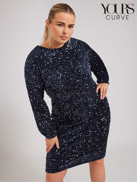 Yours Curve Blue London Sequin Velvet Long Sleeve Shift Dress (AK4515) | €36
